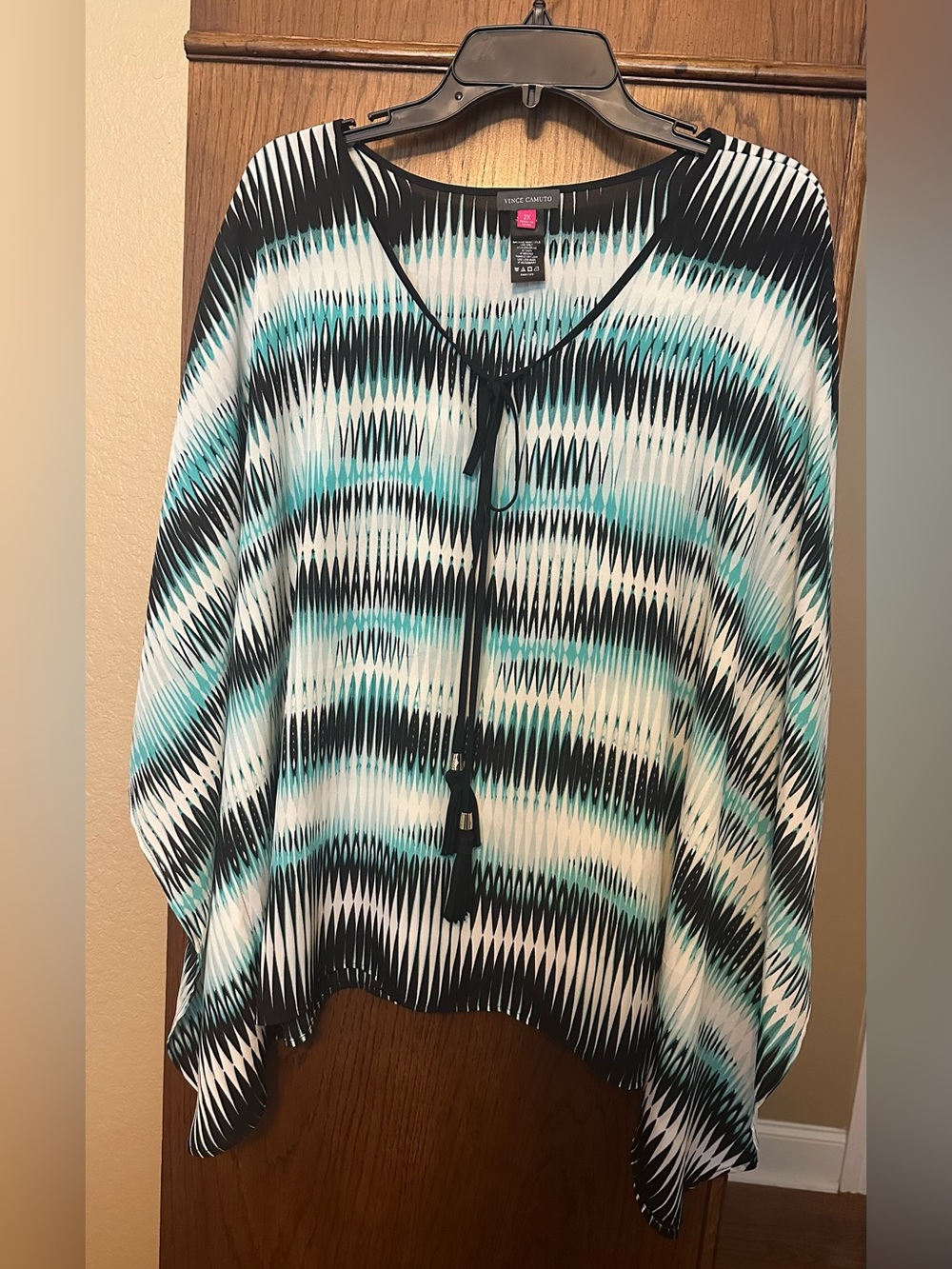 Vince Camuto Women's Teal & Black Patterned V-Neck Draped Blouse
